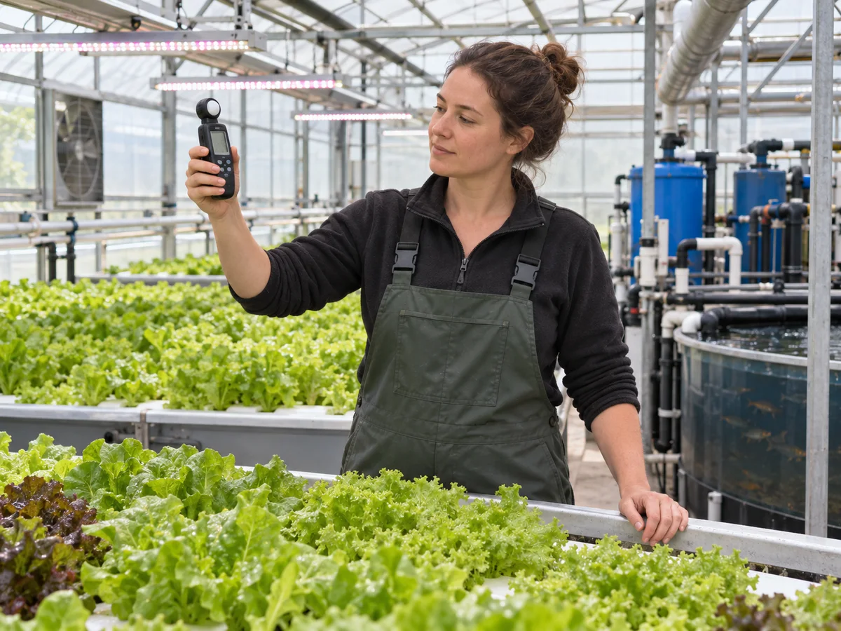 Greenhouse technician measuring carbon dioxide and light above an aquaponic lettuce canopy.