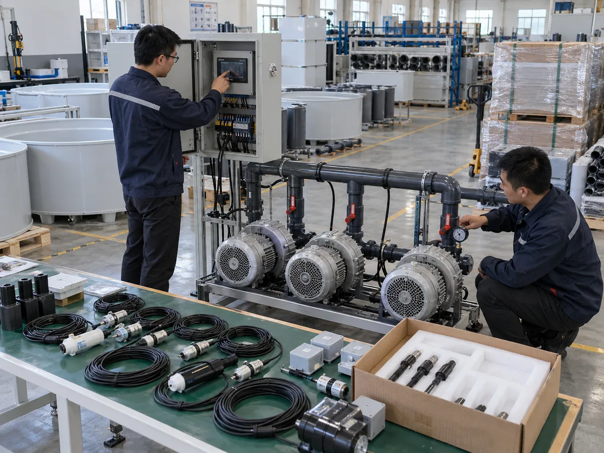 Factory technicians testing aquaponics blower controls and sensor outputs before shipment.