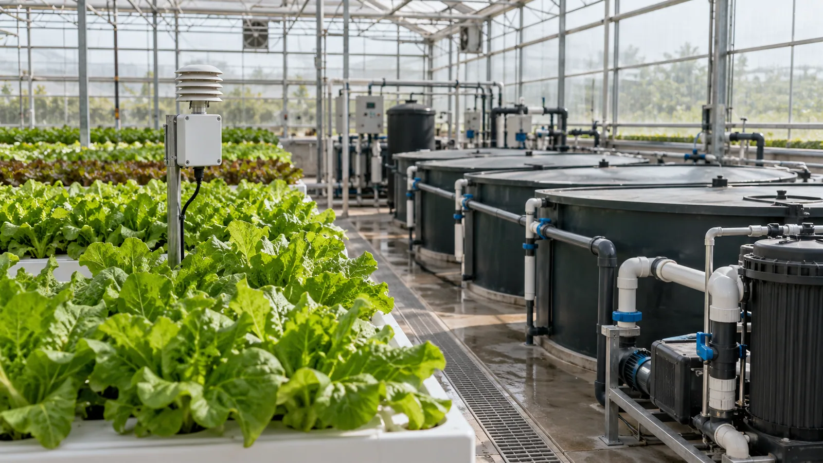 Controlled-environment aquaponics greenhouse with crop canopy sensor and covered fish tank aeration system