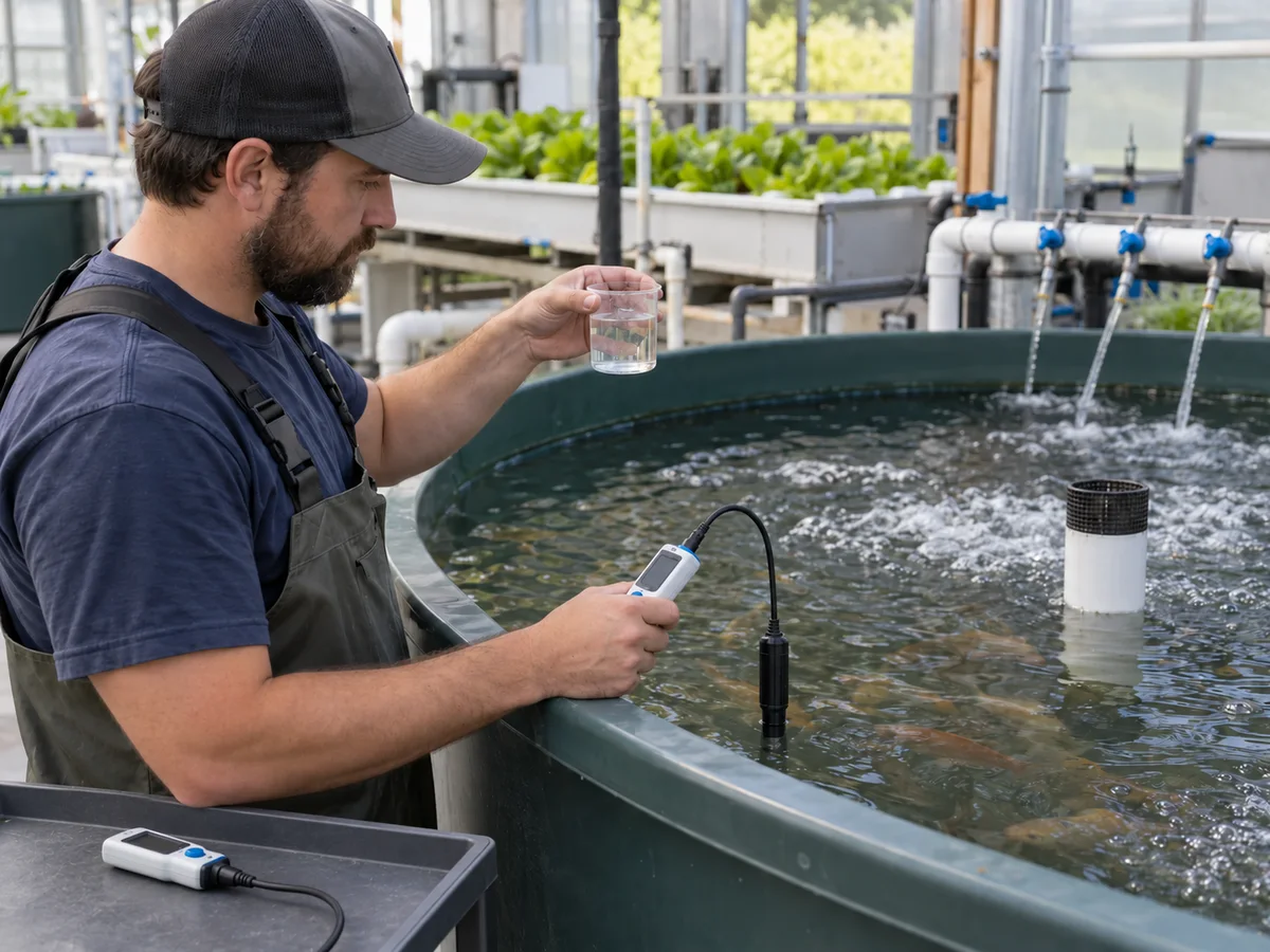 Technician comparing dissolved oxygen, pH and carbon dioxide readings beside an aquaponics fish tank.