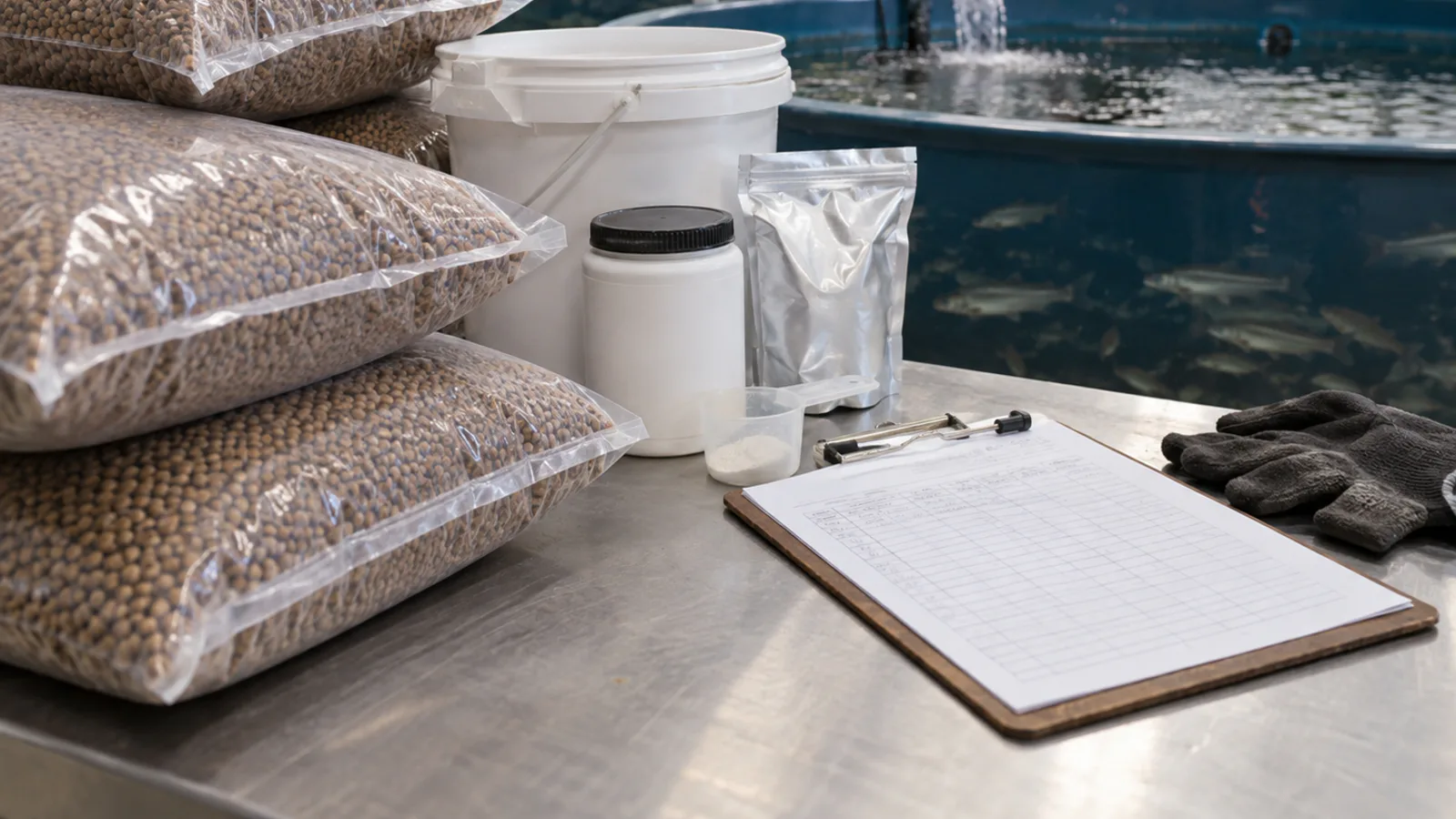 Aquaponics technician assessing a sealed organic amendment container beside a fish tank and water-quality records