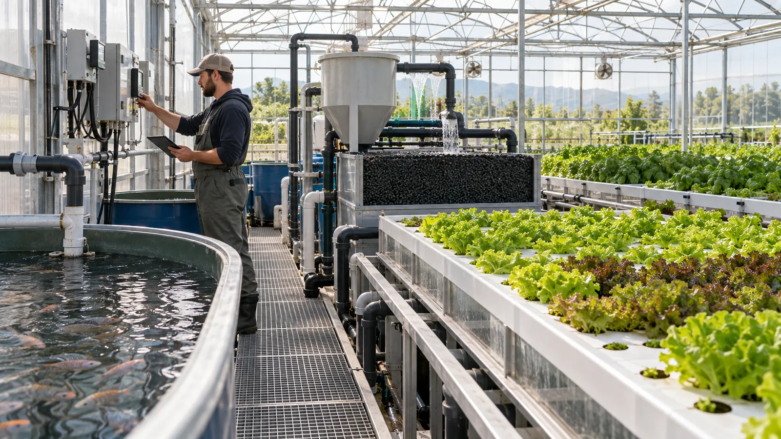 Commercial aquaponics greenhouse with fish tanks, filtration equipment and leafy green grow beds