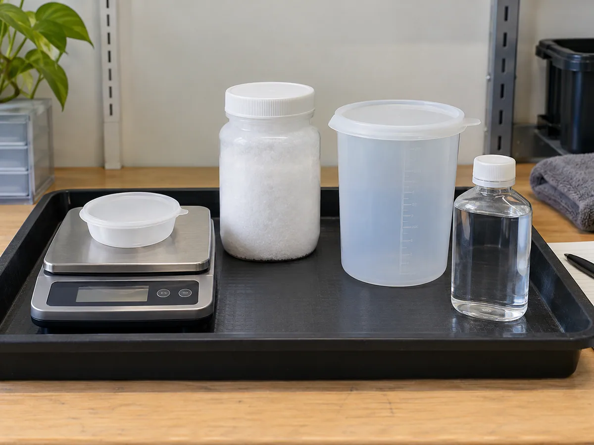 Controlled aquaponics nutrient-preparation station with a calibrated scale, sealed magnesium sulfate container and dedicated mixing vessel.