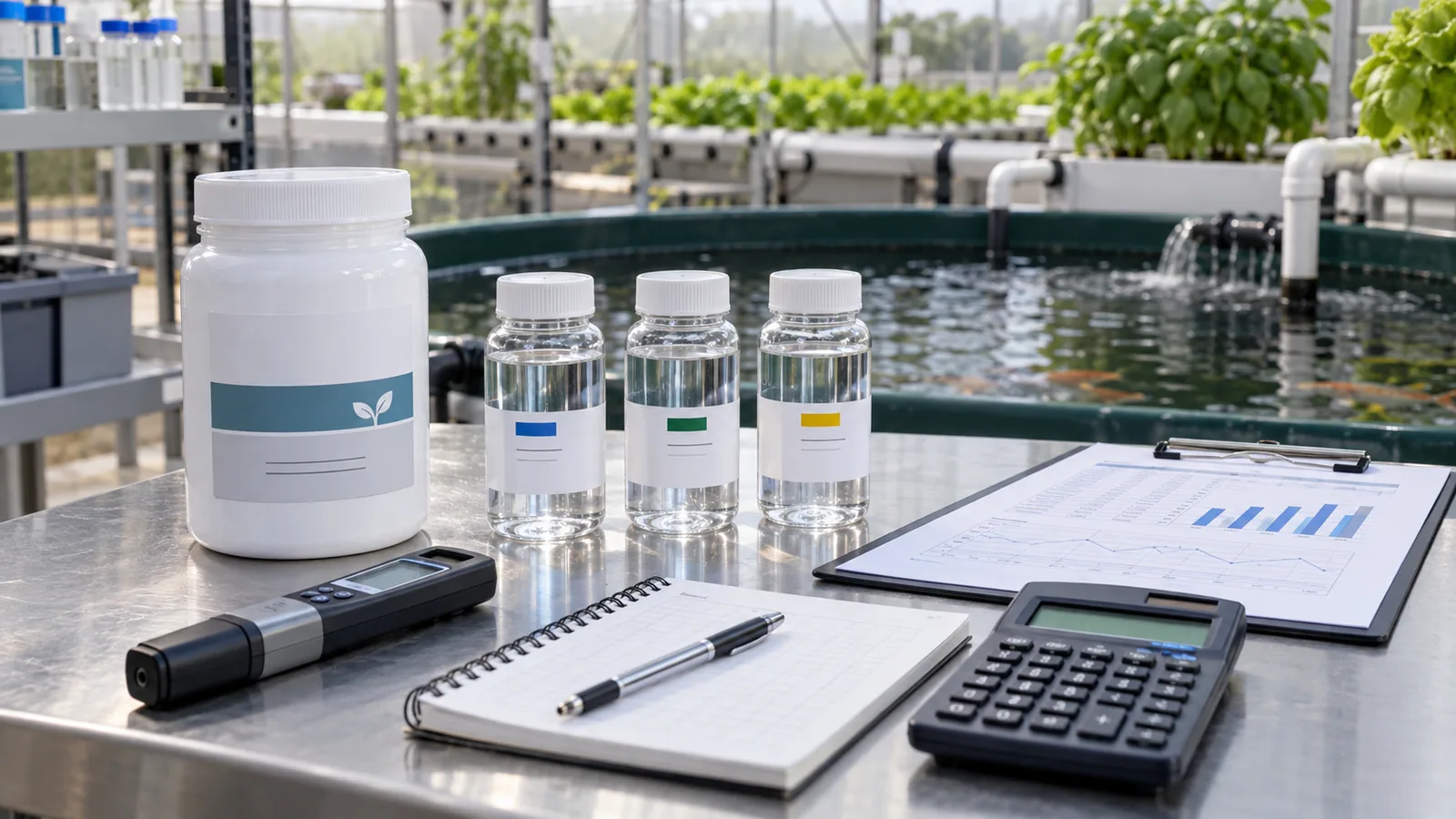 Sealed magnesium sulfate container beside labelled aquaponics water samples and a calculation worksheet
