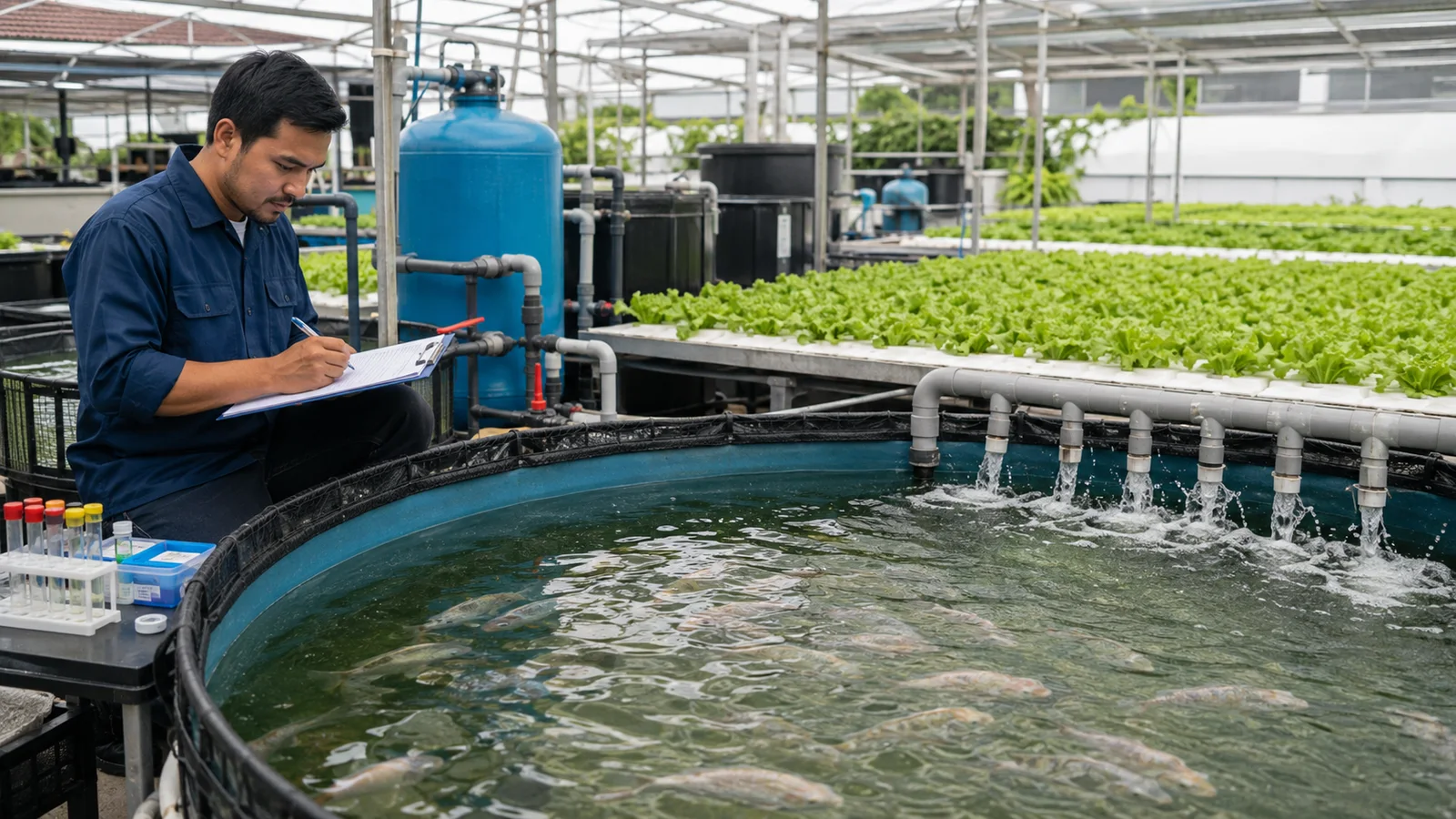 Aquaponics technician recording fish biomass and water quality beside a fish tank, biofilter and lettuce raft beds