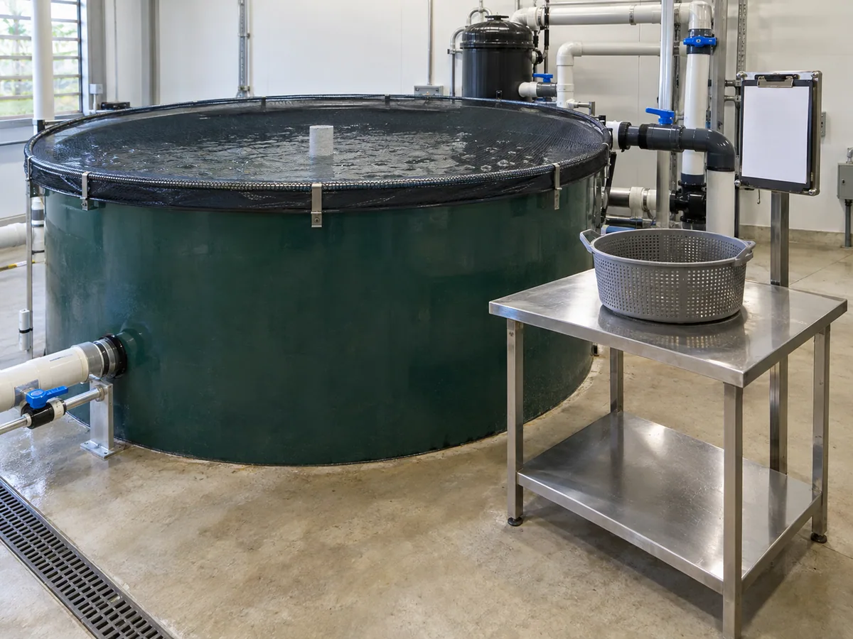 Covered aquaponics fish tank beside an external sampling basket and waterproof production record station.