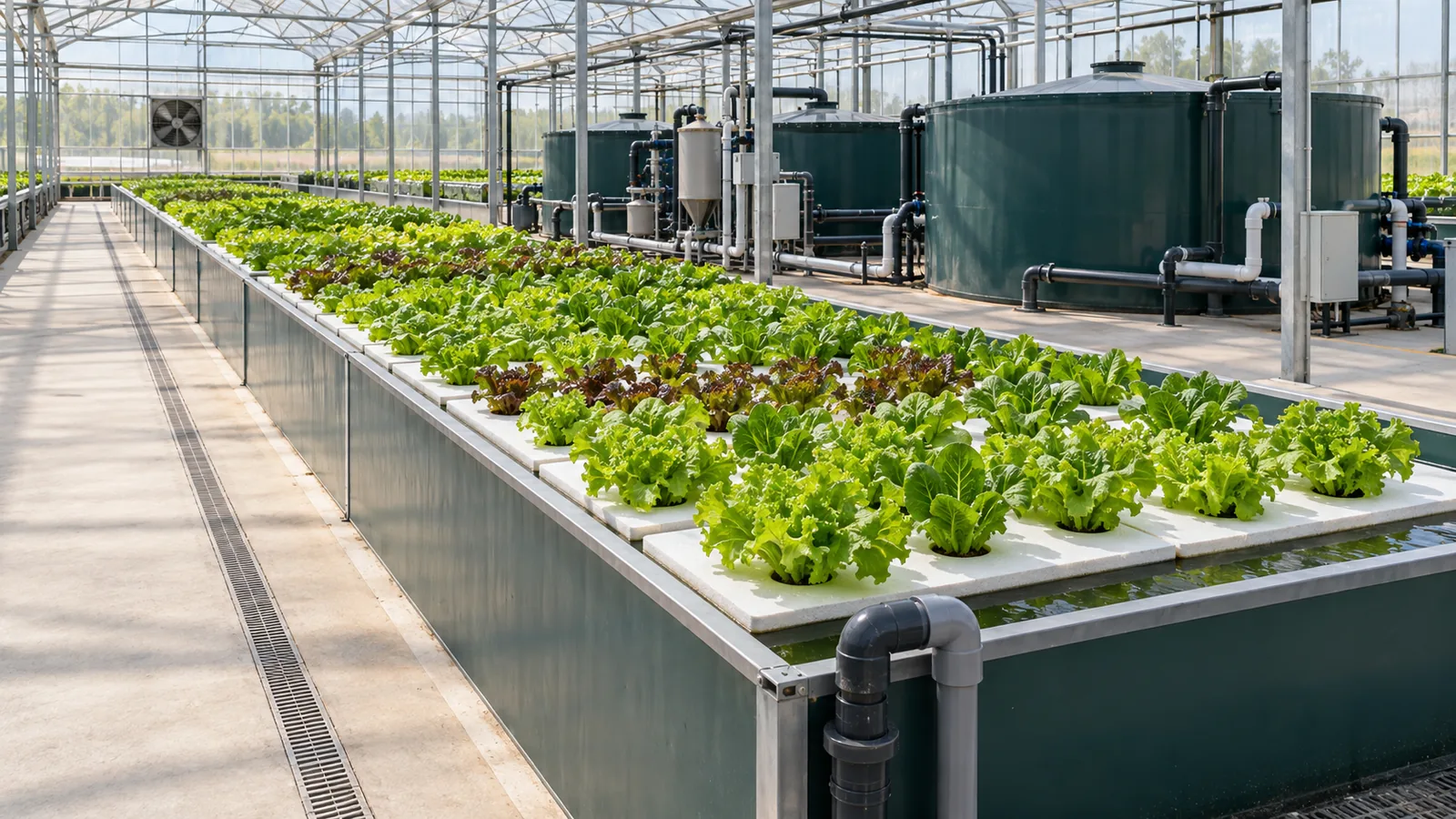 Commercial aquaponics floating raft trough with leafy greens, accessible aeration and filtration equipment