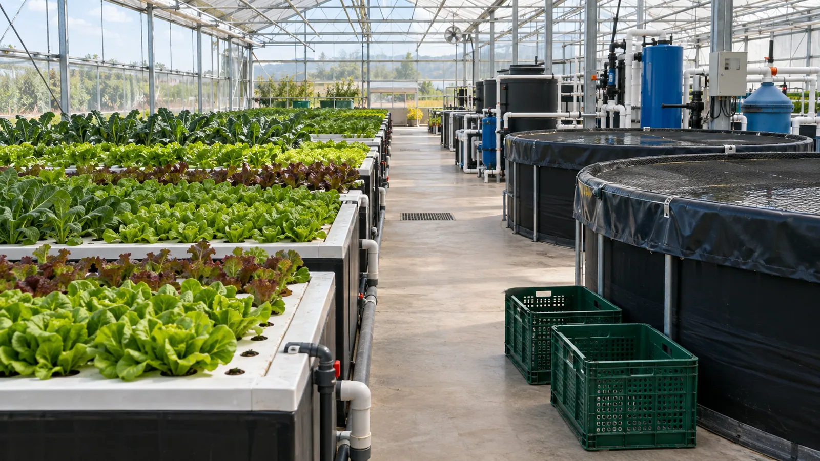 Operating aquaponics greenhouse with orderly leafy-green rafts, separate fish tanks and harvest crates on a dry aisle