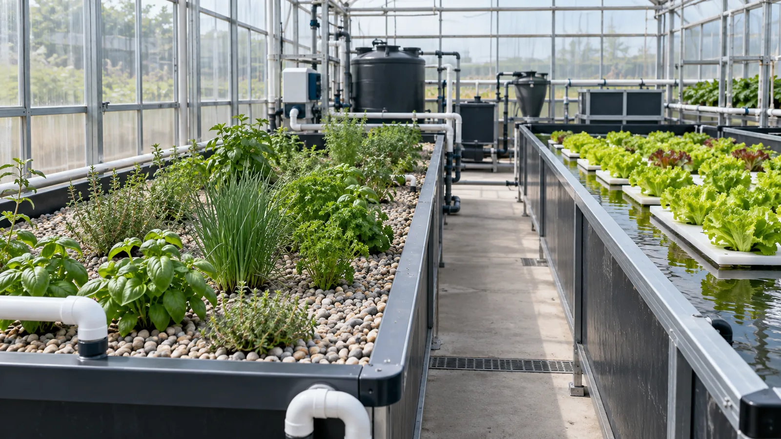 Aquaponics greenhouse with inert gravel media bed beside a separate floating raft grow trough