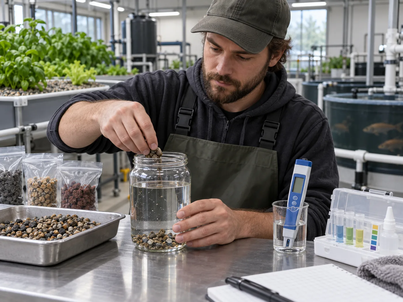 Technician testing aquaponics gravel samples beside pH and alkalinity water tests.