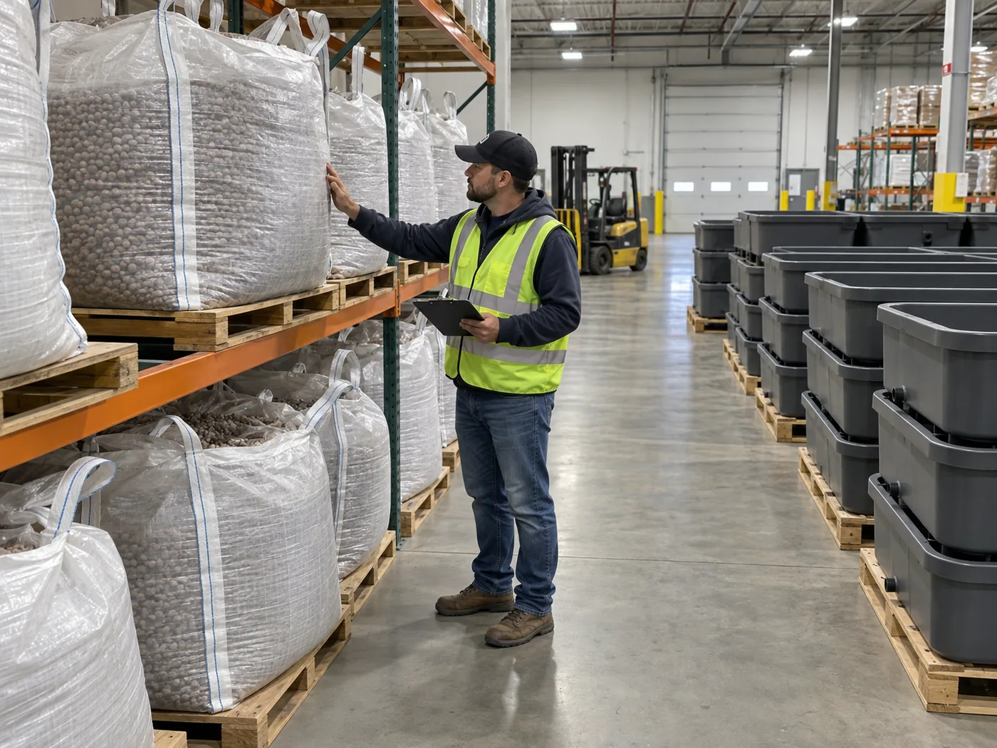 Worker inspecting dry bags of aquaponics grow media beside empty grow beds in a warehouse.