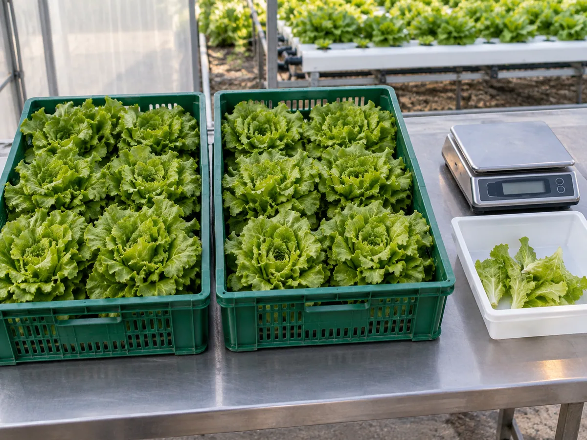 Aquaponics lettuce harvest separated into accepted produce crates and a small rejection tray on a dry packing bench.