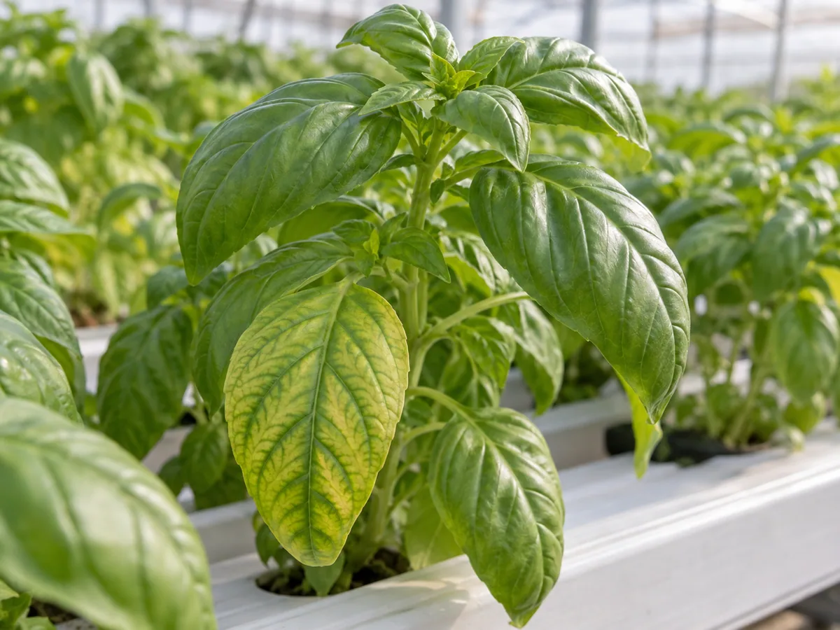 Older aquaponics basil leaf showing interveinal chlorosis beside healthy green new growth.