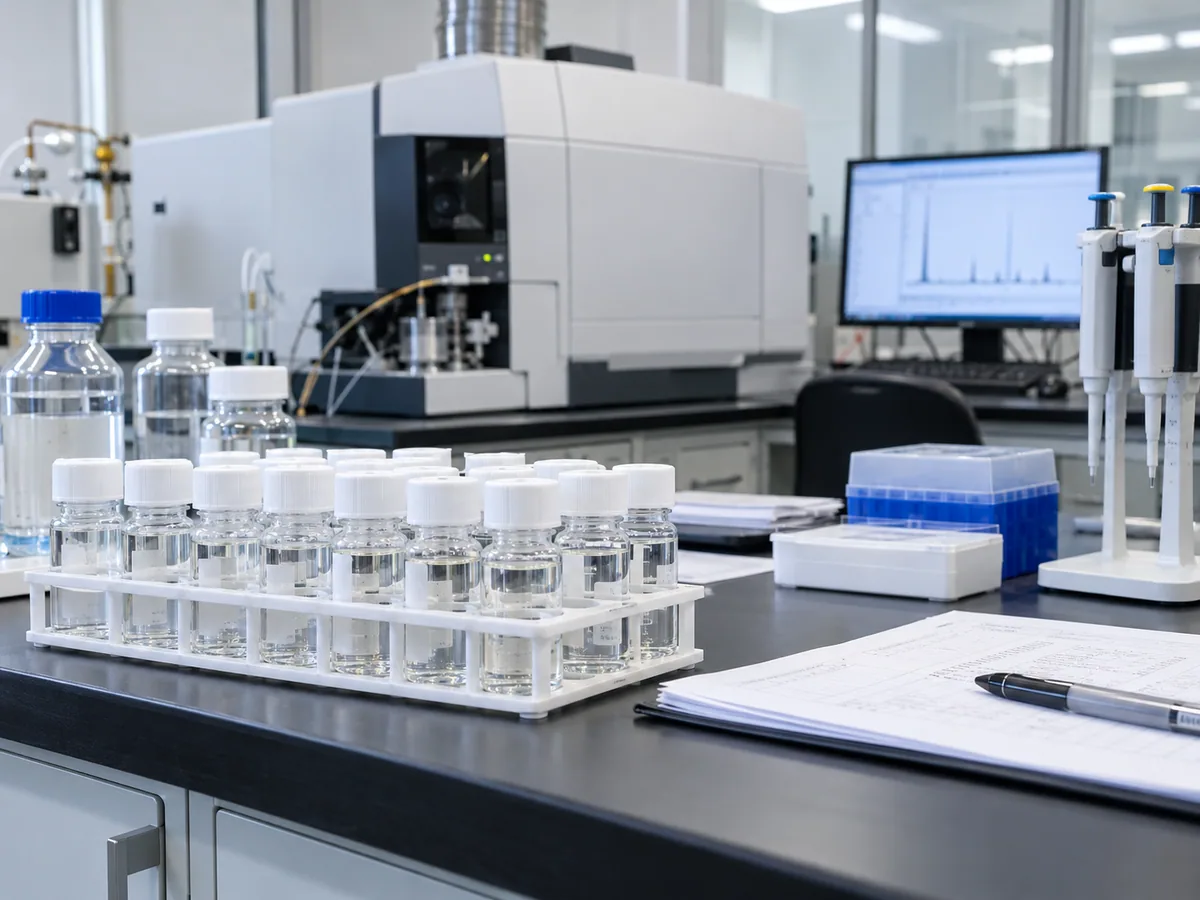 Capped aquaponics water samples arranged for multi-element laboratory analysis.