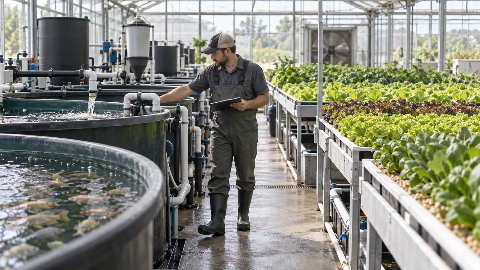 Aquaponics technician inspecting fish tanks, filtration equipment and grow beds during daily maintenance