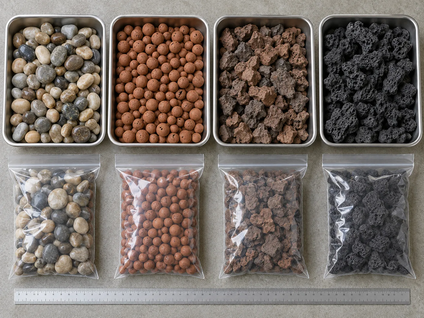 Four sample trays compare rounded gravel, expanded clay, expanded shale and lava rock for aquaponics grow beds.