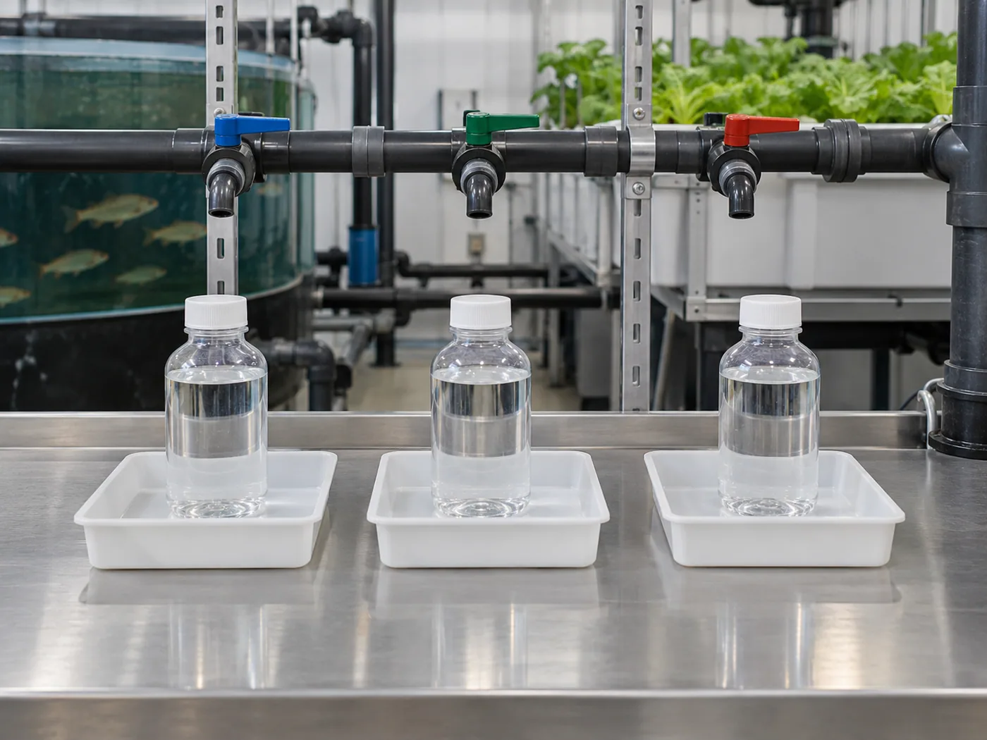 Three clean aquaponics water samples collected from separate system sampling points.