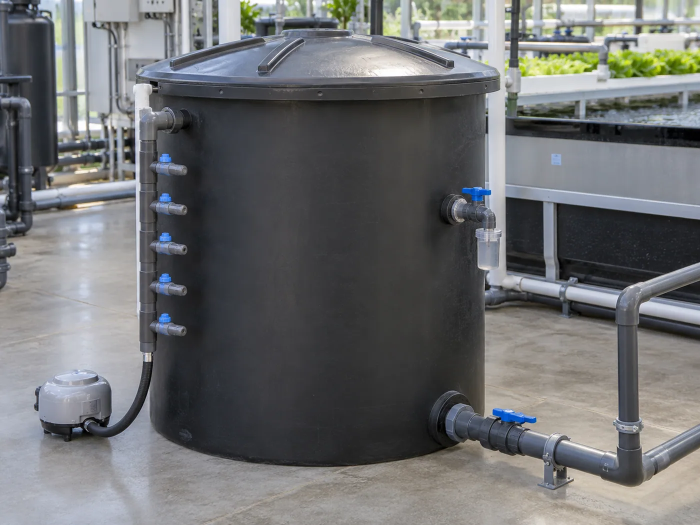 Covered aquaponics mineralization vessel with air manifold, sampling valve and solids drain.