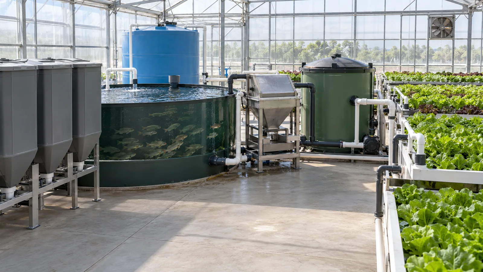 Commercial aquaponics system with fish feed storage, source-water tank, filters and plant grow beds
