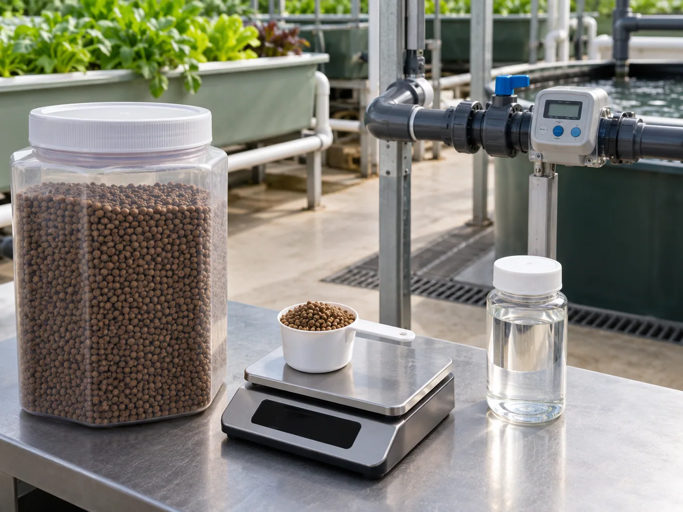 Sealed fish-feed container, measured feed scoop and metered aquaponics make-up-water line.