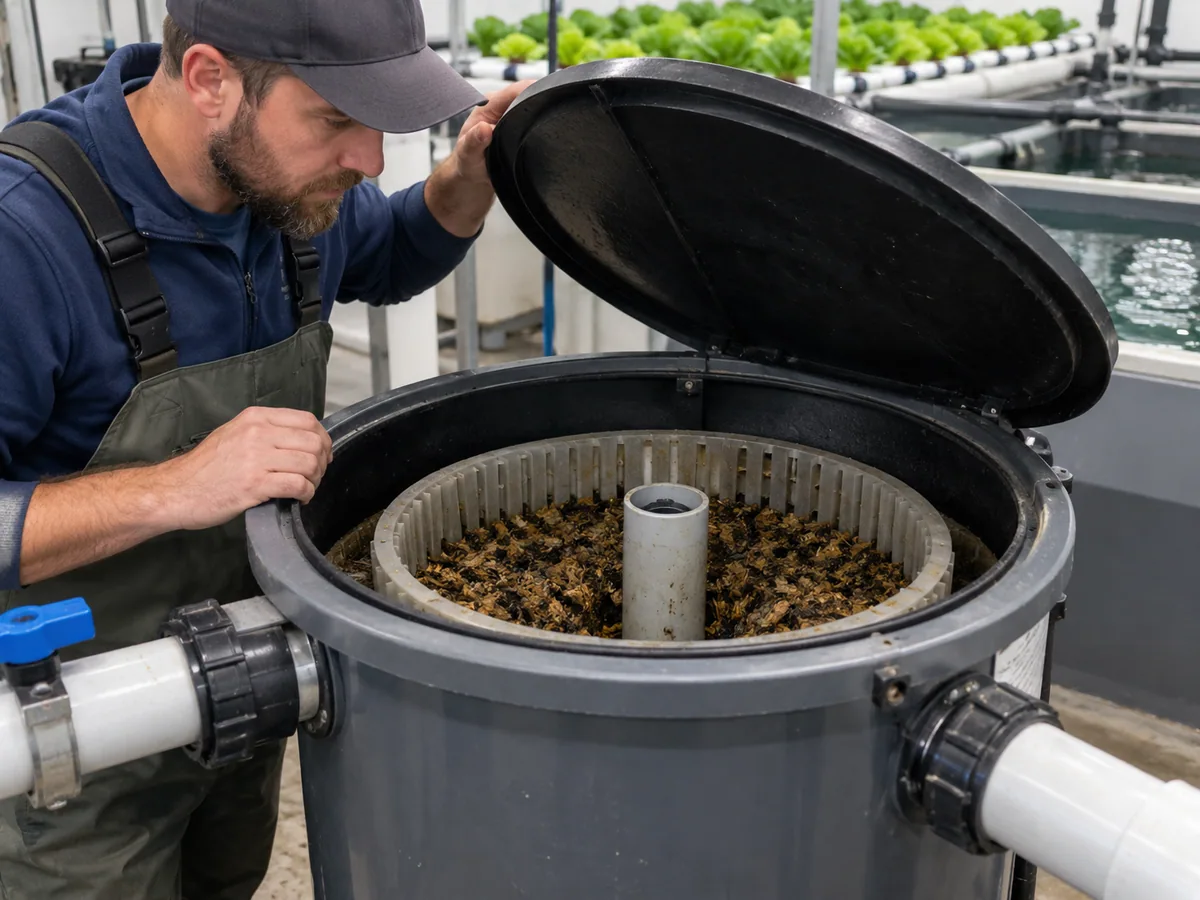 Technician inspecting captured solids in an accessible aquaponics mechanical filter.