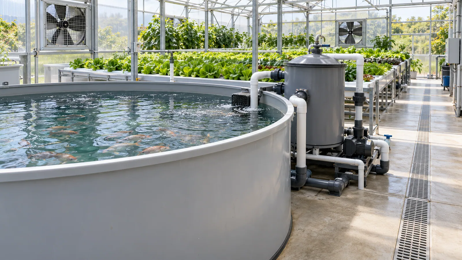 Clean indoor aquaponics system with accessible fish tank, filters and leafy grow beds