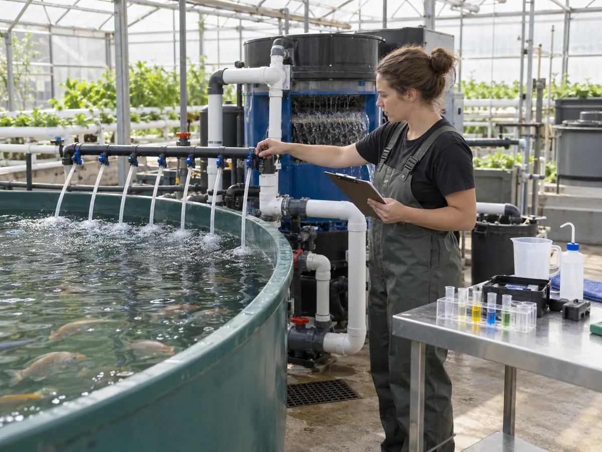 Aquaponics operator checking aeration, filter condition and water-test records.