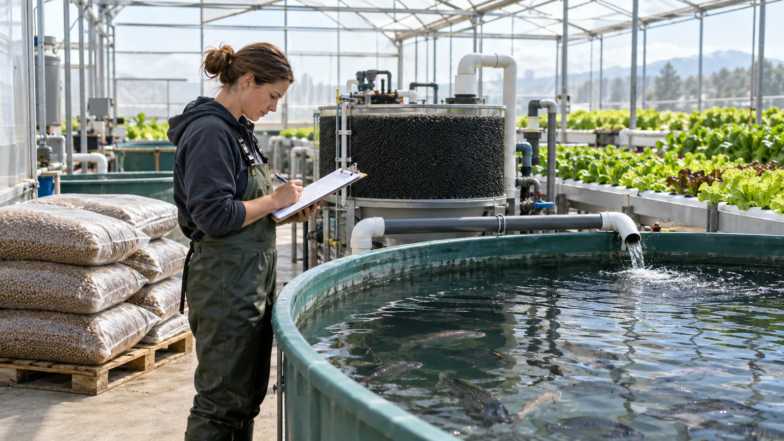 Aquaponics technician reviewing fish feed and traceability records beside a recirculating fish tank