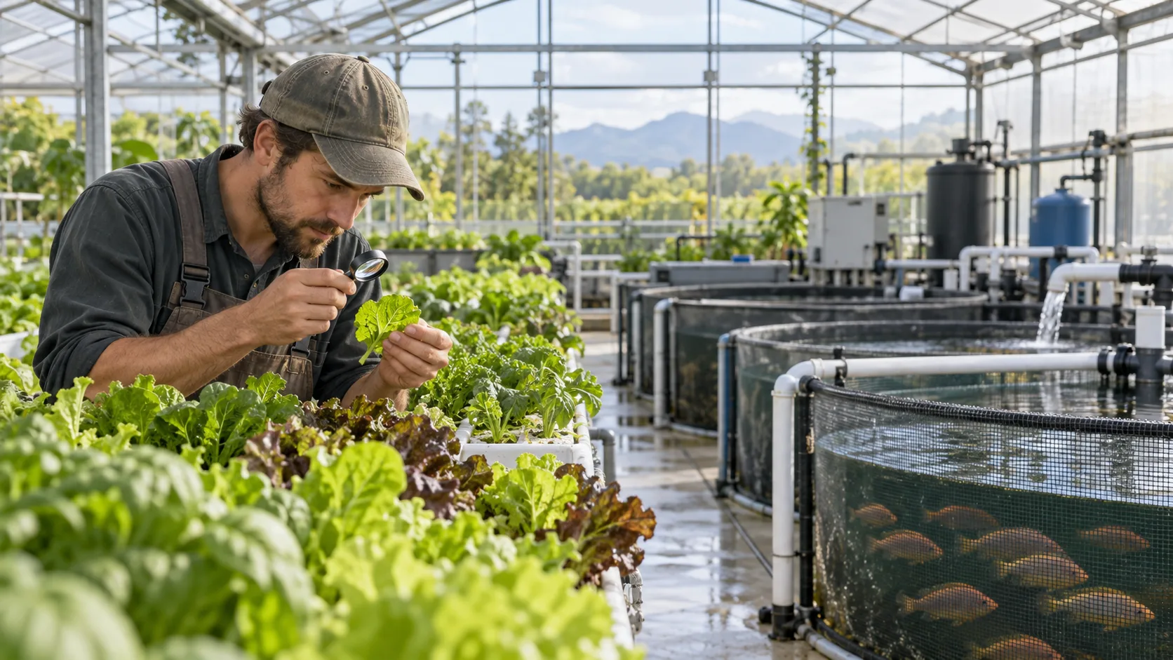 Aquaponics greenhouse operator inspecting leafy plants beside protected fish tanks