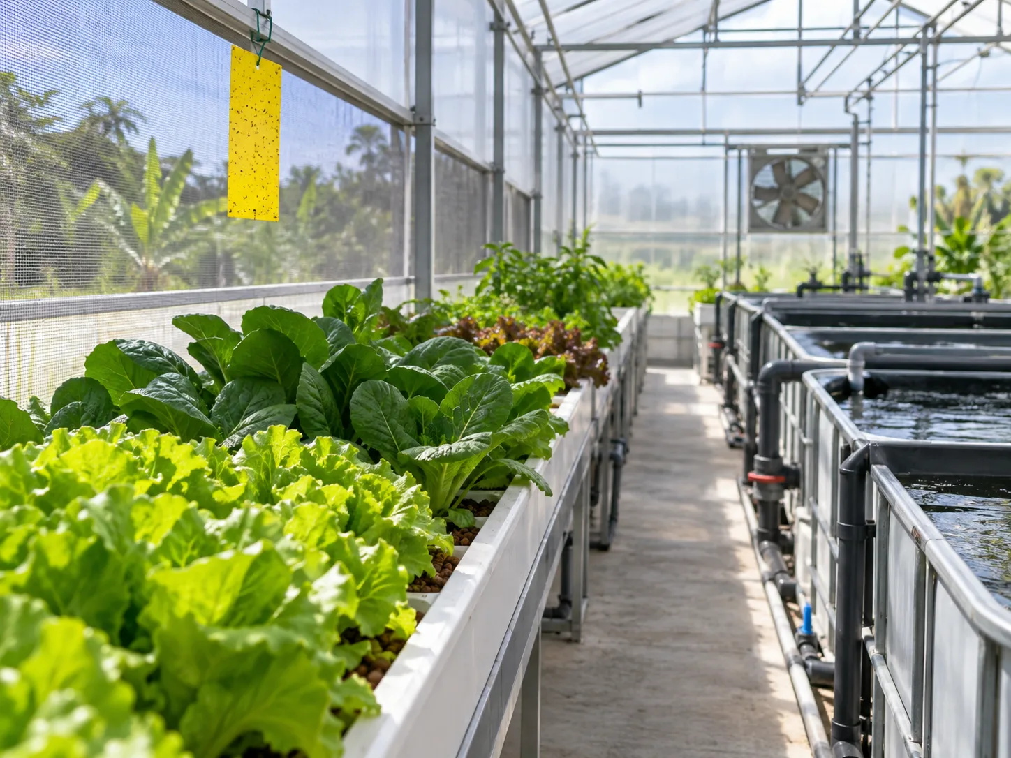 Insect screening and a secured monitoring card in a clean aquaponics greenhouse service aisle.