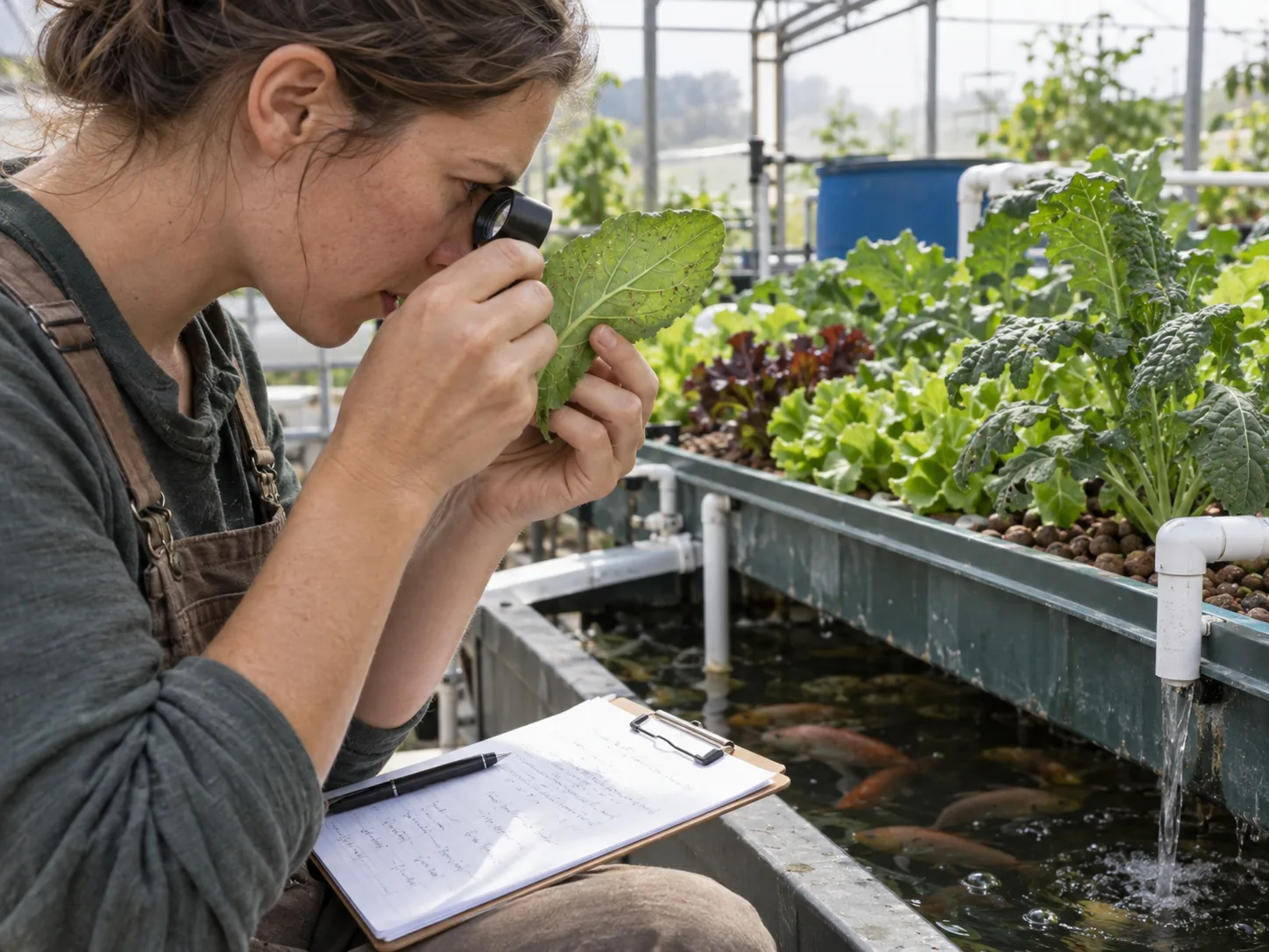Greenhouse grower inspecting the underside of an aquaponics plant leaf and recording pest observations.