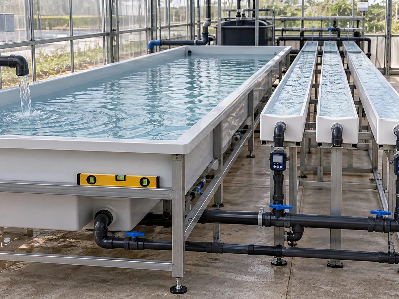 Empty aquaponics grow modules undergoing clean-water flow and level testing.