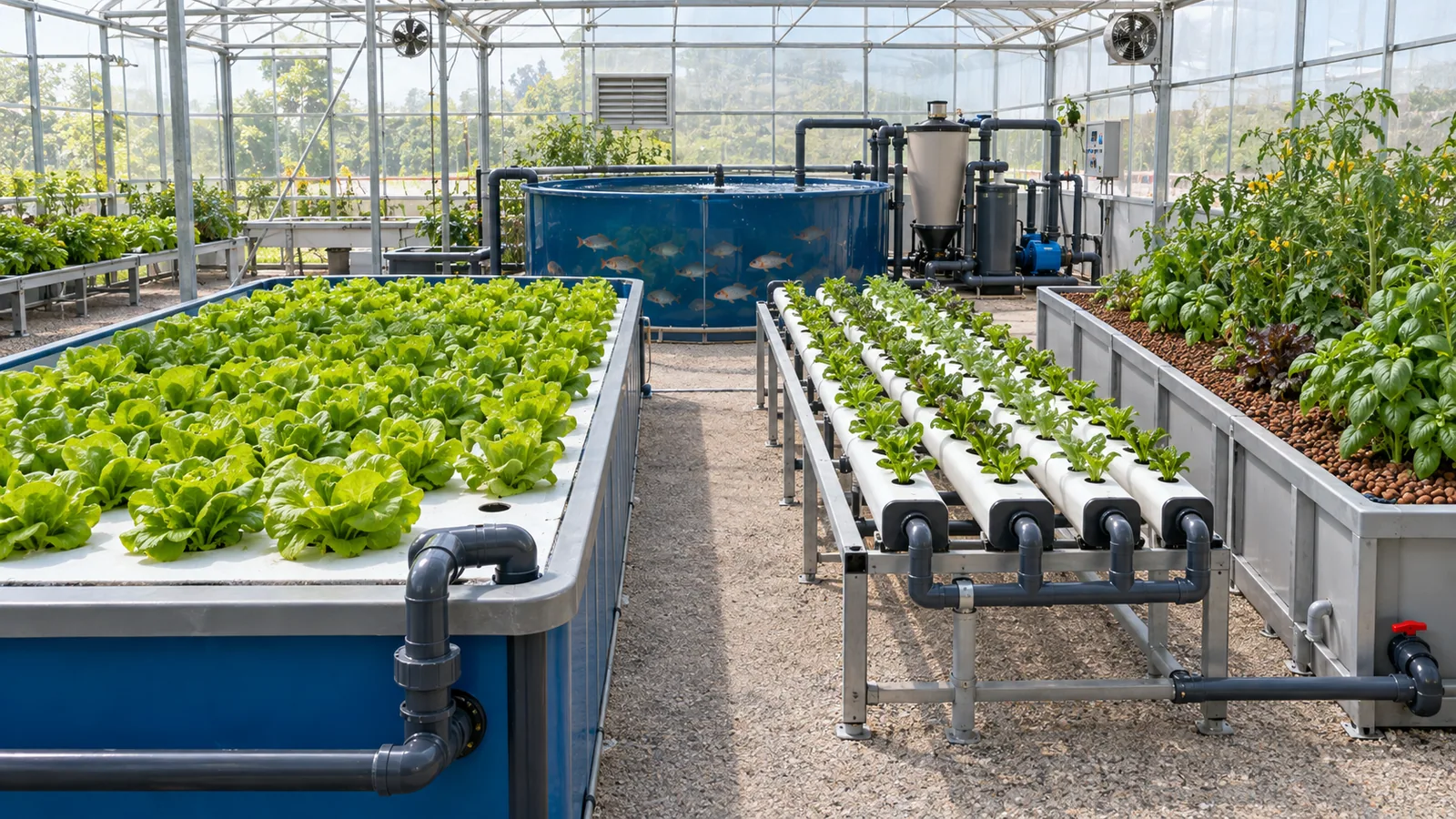 Aquaponics greenhouse with separated DWC raft, NFT and media-bed growing zones
