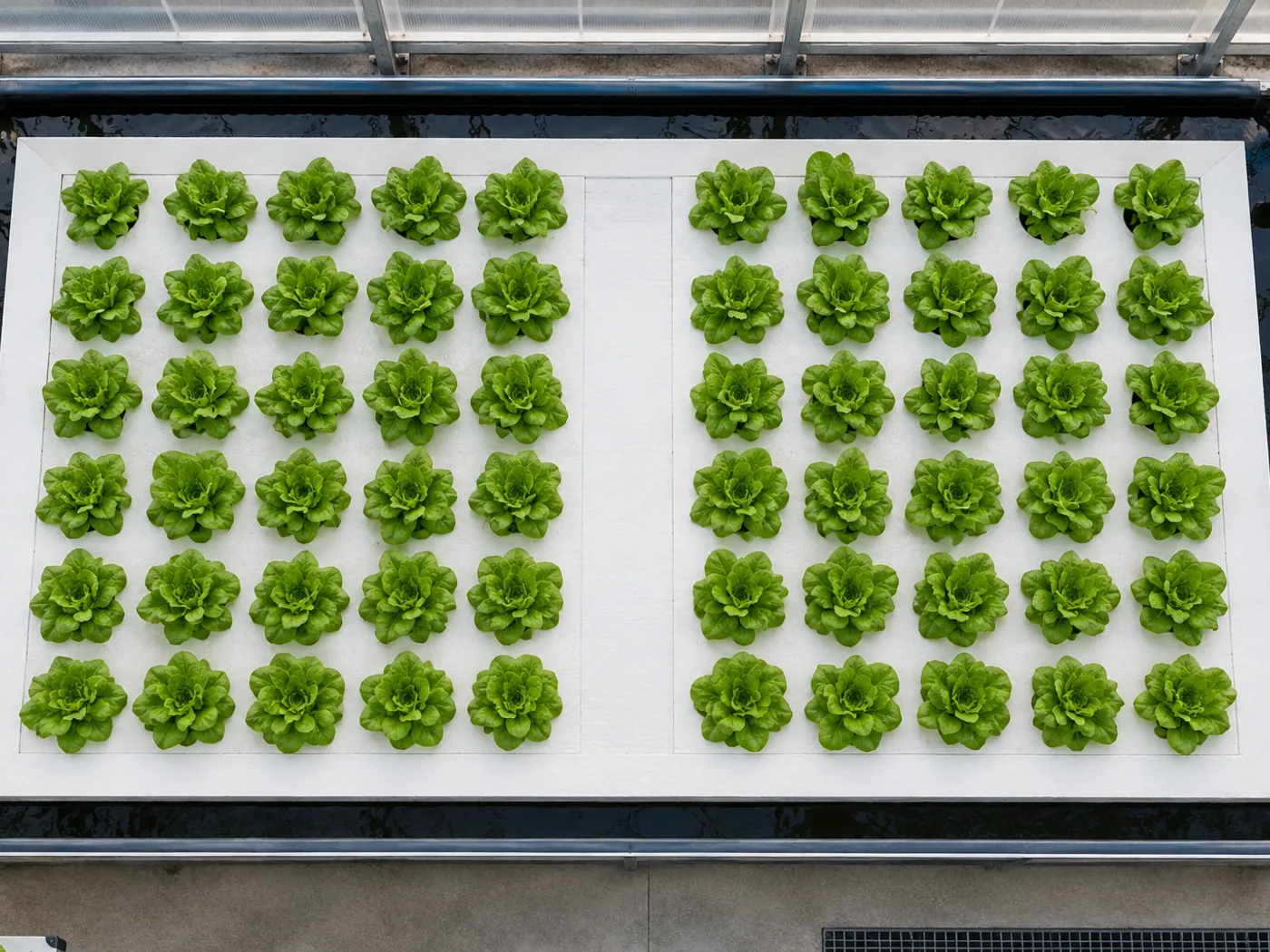 Top-down aquaponics raft with evenly spaced lettuce and clear maintenance edges.