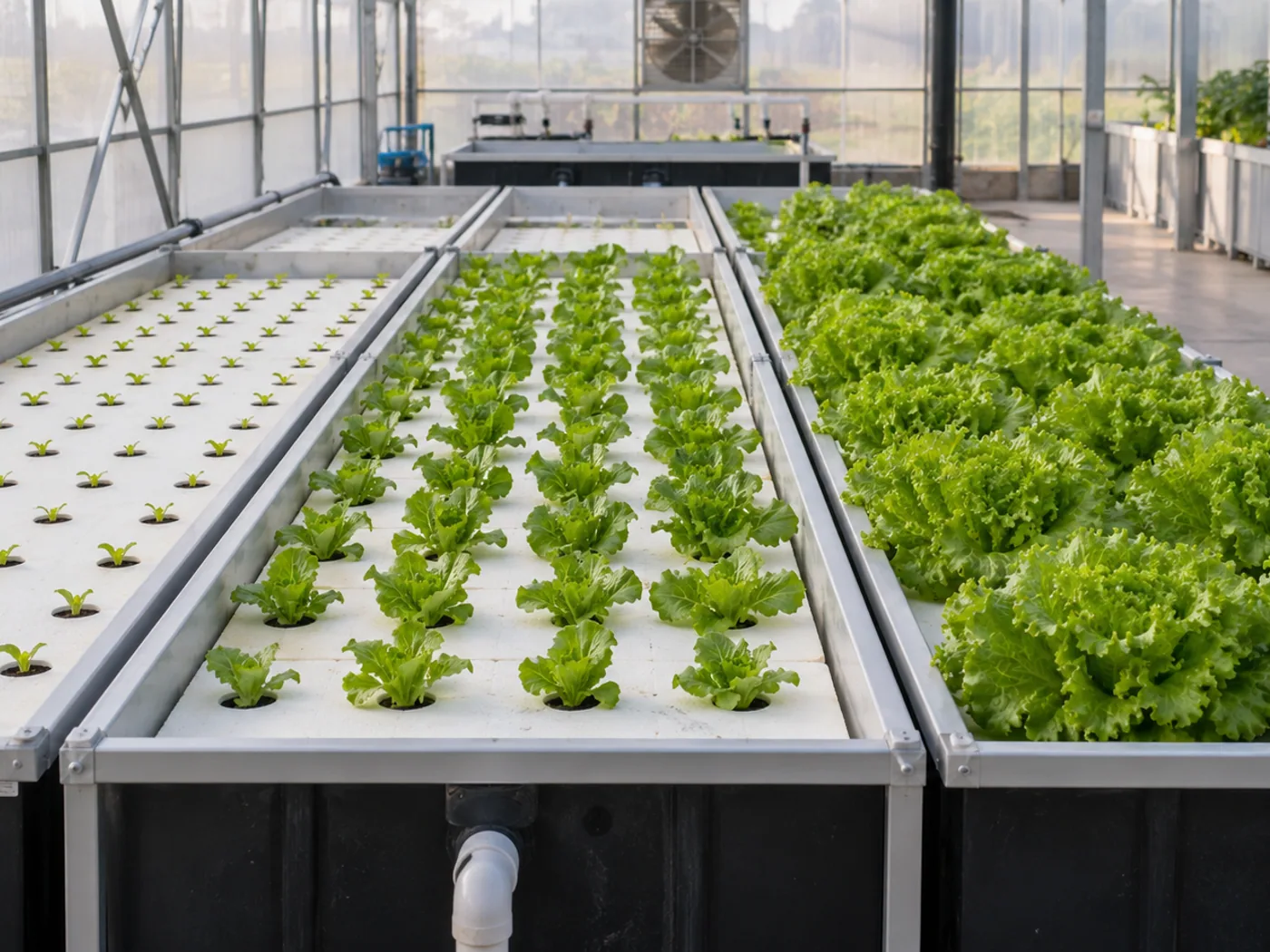 Aquaponics lettuce rafts organized into three distinct crop-growth stages.