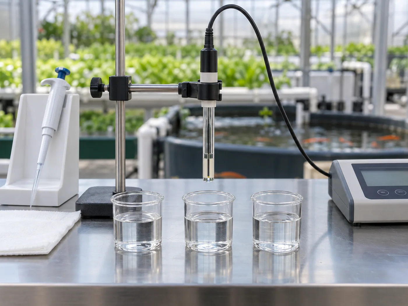 Potassium ion meter probe calibrated in separate standard solutions before aquaponics testing.