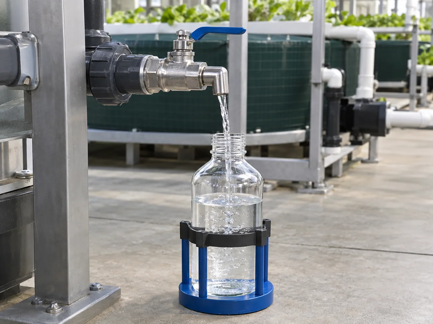 Aquaponics water sample collected from a dedicated sampling valve into a clean bottle.