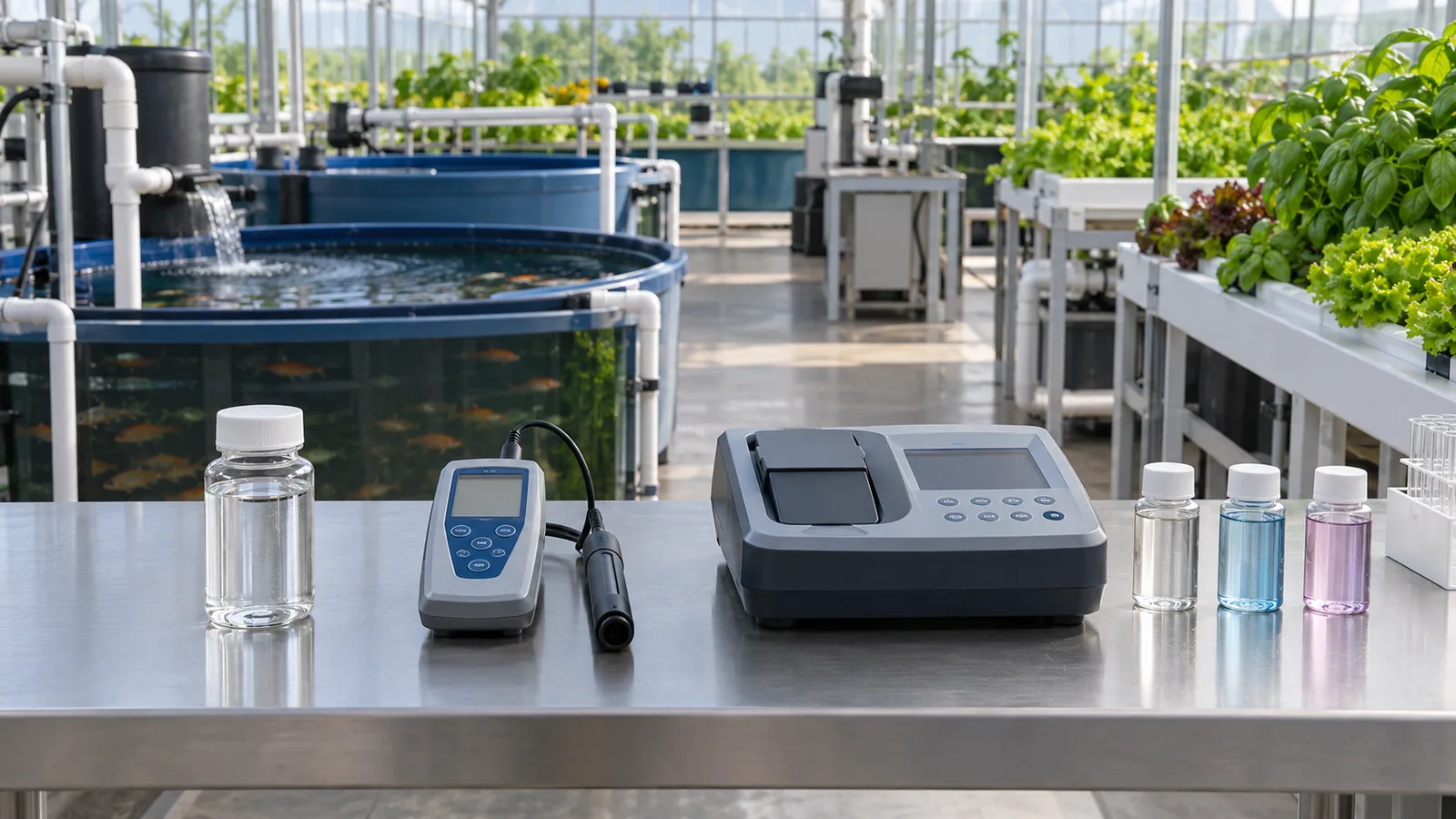 Aquaponics water sample beside potassium test equipment in a clean greenhouse laboratory area