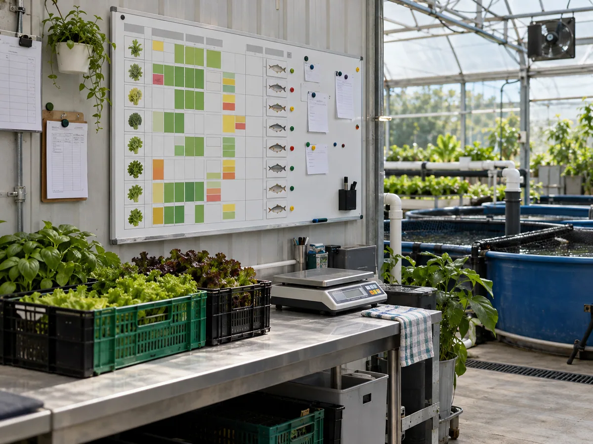 Aquaponics greenhouse production board with crop blocks, fish cohorts and harvest equipment.
