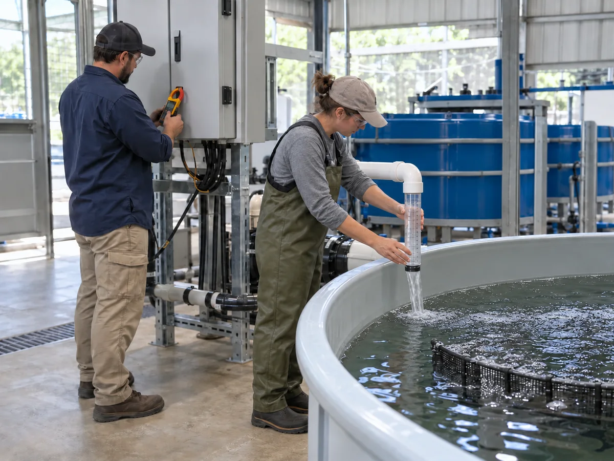 Technician measuring aquaponics return flow and checking pump current during commissioning.