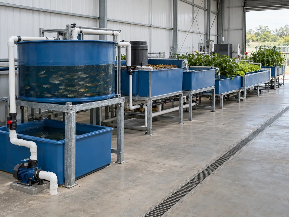 Aquaponics hydraulic profile showing one low sump pump and gravity flow through elevated treatment and grow modules.