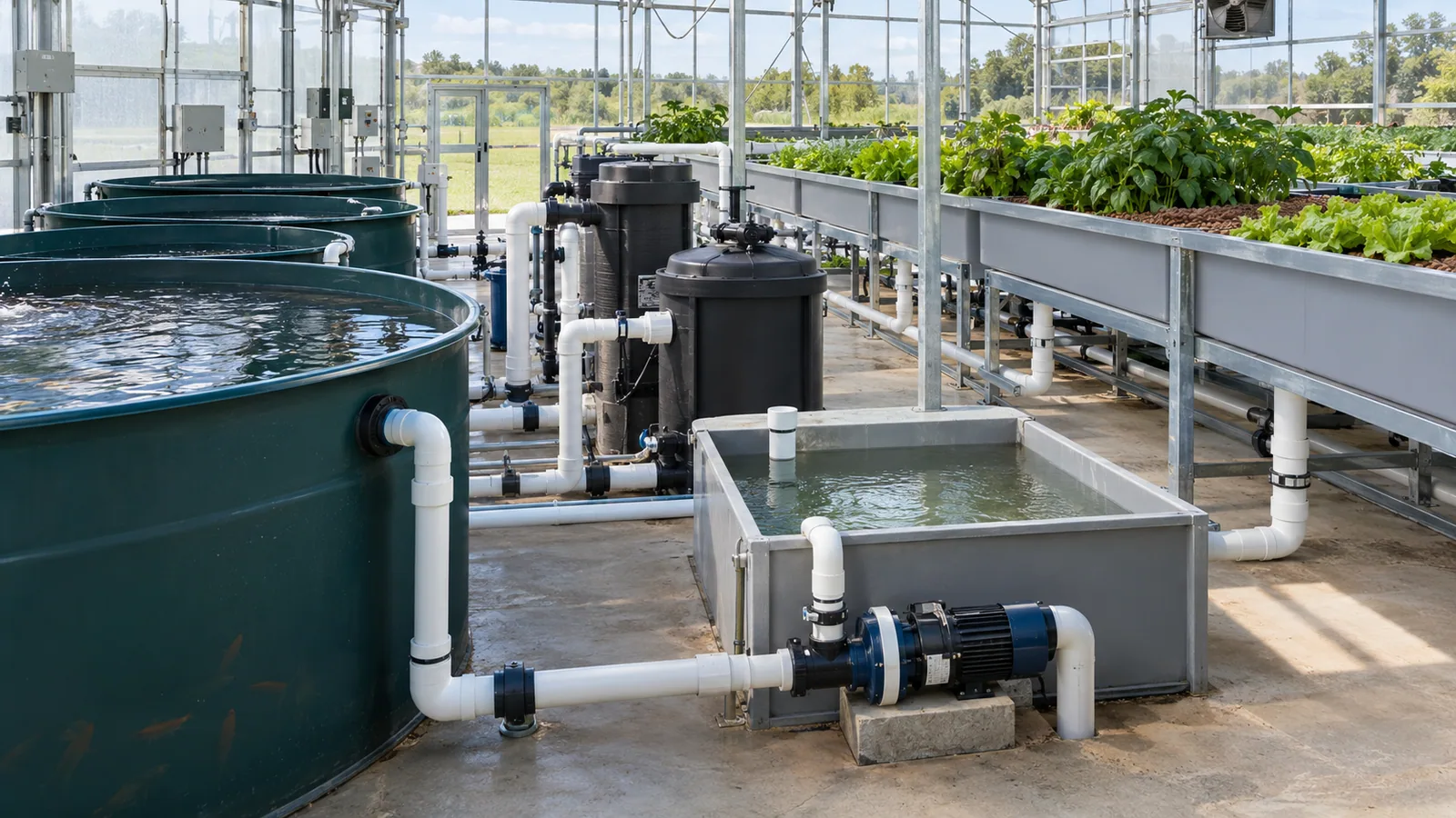 Aquaponics circulation pump beside sump, filters and elevated grow beds in a complete system