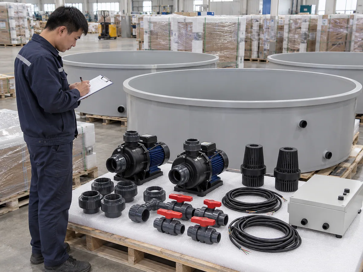Dry water pumps, unions and control equipment being checked beside empty aquaponics tanks before shipment.