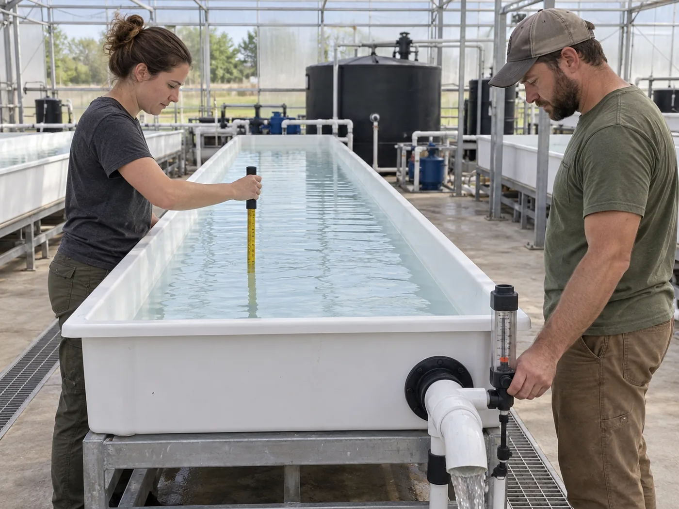 Aquaponics team checking water depth and flow in an empty DWC trough during commissioning.
