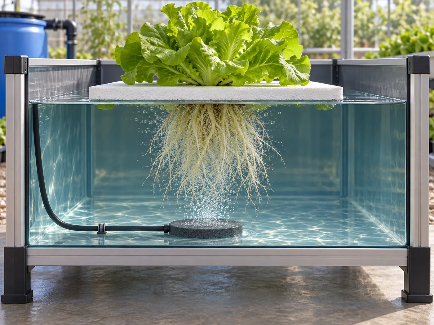 Cutaway demonstration of a floating raft trough showing water, roots, diffuser and freeboard.