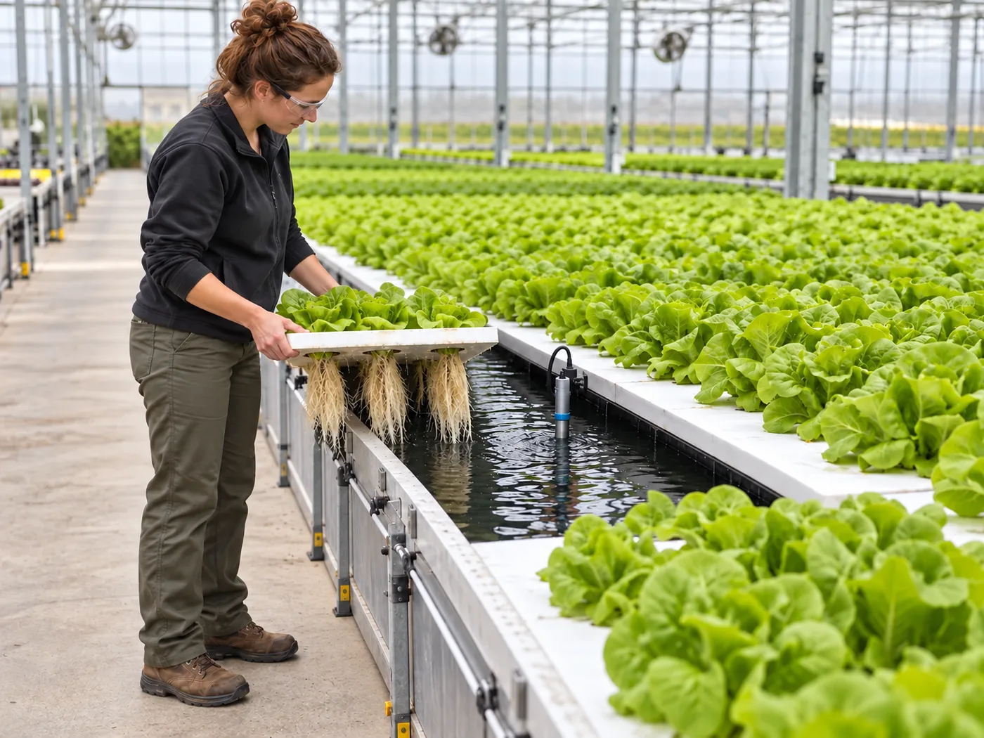 Technicians lifting one aquaponics raft panel to inspect lettuce roots and dissolved oxygen.