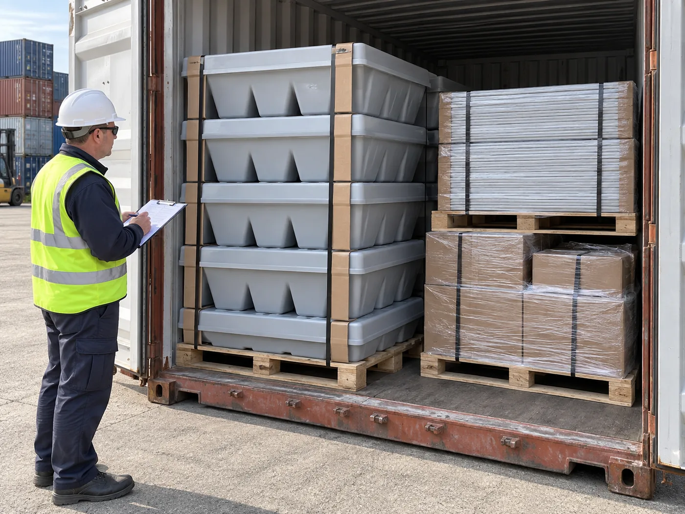 Dry empty aquaponics raft trough modules and stacked raft panels secured for container shipment.