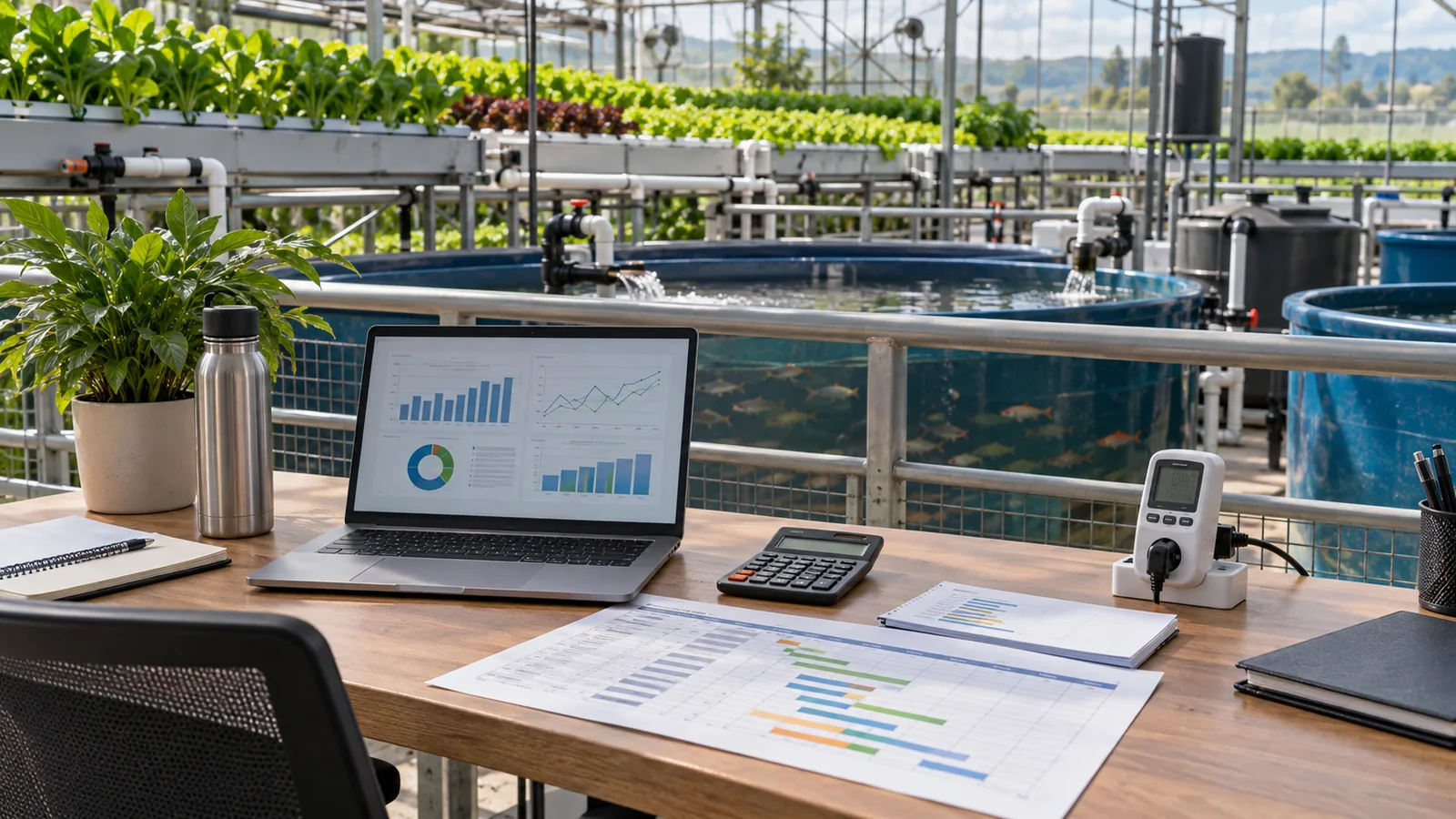 Aquaponics operating-cost planning desk beside pumps, fish tanks and grow beds