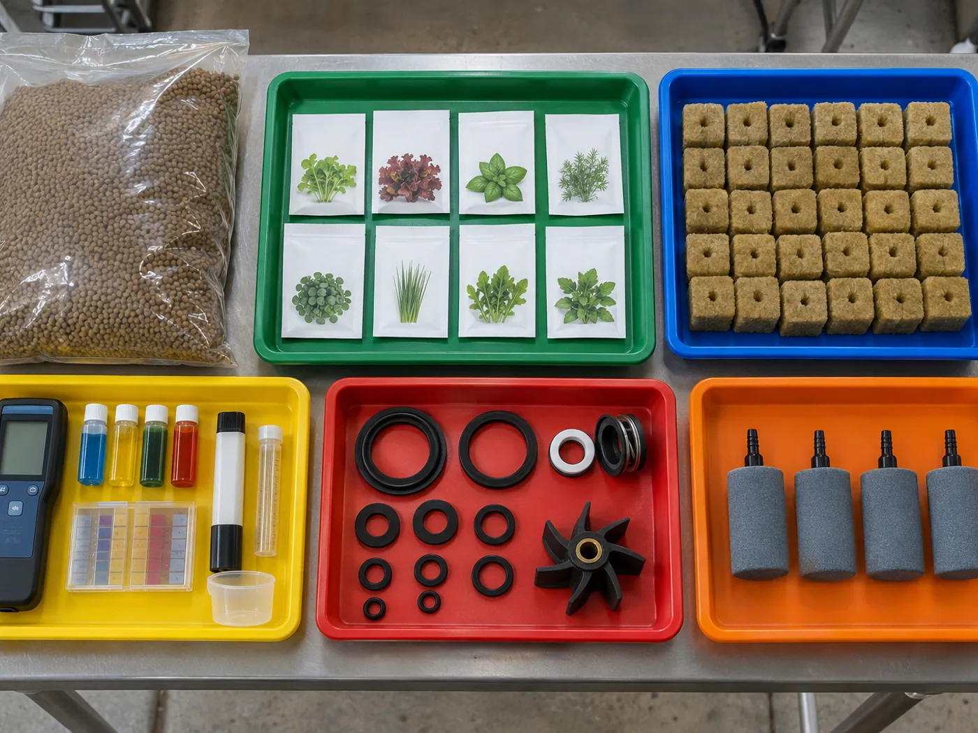 Aquaponics fish feed, seed supplies, water testing equipment and pump spares arranged for inventory.