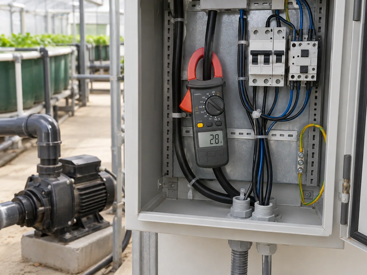 Clamp meter measuring one aquaponics pump circuit inside a protected electrical cabinet.